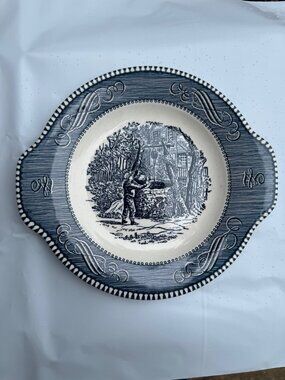 Vintage Currier Ives Blue White Ceramic Plate Scenic Well  8"